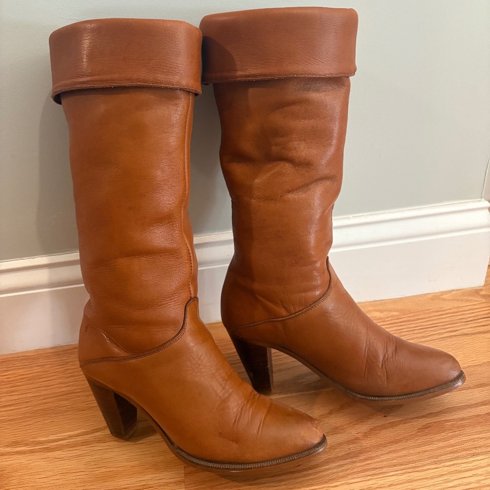 Vintage Tan Frye Cone Stacked Heel Western Leather Boots Size 7.5 Womans